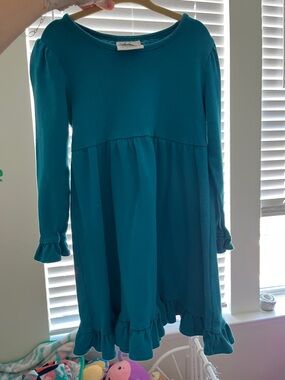 Girls Teal Long-Sleeve Ruffle Hem Casual Dress